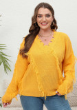 Plus Size Women V-Neck Tassel Patchwork Sweater