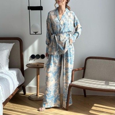 Women French print long-sleeve tie-up shirt and wide-leg pants two-piece set