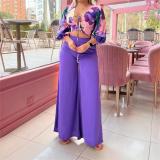 Women Printed Top and High Waist Wide Leg Pants Casual Two-Piece Set