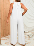 Plus Size Women Summer Solid Halter Neck Sleeveless Casual Jumpsuit