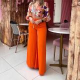 Women Printed Top and High Waist Wide Leg Pants Casual Two-Piece Set