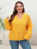 Plus Size Women V-Neck Tassel Patchwork Sweater