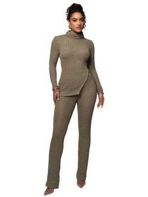Women Solid Turtleneck Long Sleeve Top and Pant Casual Two-Piece Set