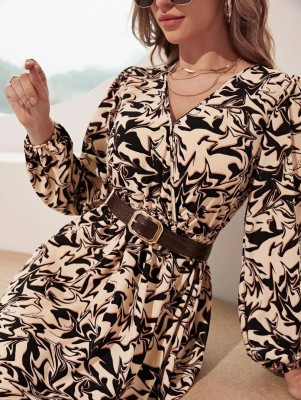 Women printed long-sleeved dress (without belt)