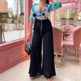 Women Printed Top and High Waist Wide Leg Pants Casual Two-Piece Set