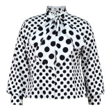 Tie-Neck Long-Sleeved Women's Career Style Shirt Black And White Polka Dot Plus Size Women's Casual Blouse