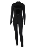 Autumn Women's Solid Color Long Sleeve Sexy Buckle Cutout Tight Fit Jumpsuit