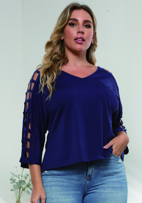 Fall Plus Size Women's Cutout V-Neck Bat Sleeves T-Shirt Top