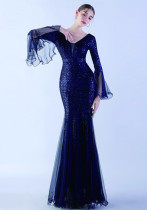 Elegant Flare Mesh Patchwork Mermaid Wedding Dinner Sequins Evening Dress