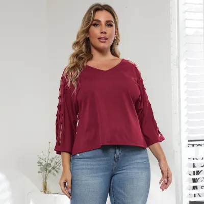 Fall Plus Size Women's Cutout V-Neck Bat Sleeves T-Shirt Top