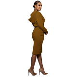 Women's Fashion Winter Fleece V-Neck Hoodie Casual Slit Mid Skirt Two-Piece Set