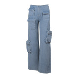 Women's Low Waist Jeans Multi-Pocket Cargo Style Denim Pants Autumn Straight Leg All-Match Trousers