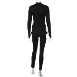 Autumn Women's Solid Color Long Sleeve Sexy Buckle Cutout Tight Fit Jumpsuit