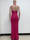 Women Sleeveless Halter Neck Backless Sequin Slit Evening Dress