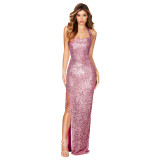 Women Sleeveless Halter Neck Backless Sequin Slit Evening Dress