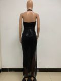 Women Sleeveless Halter Neck Backless Sequin Slit Evening Dress