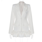 Women Autumn Solid Chic Long Sleeve Button Pleated Lace Blazer