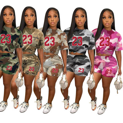 Women Summer Camouflage Print Top and Shorts Two-Piece Set.