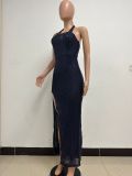 Women Sleeveless Halter Neck Backless Sequin Slit Evening Dress