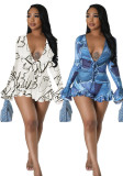 Ladies Fashion Bell Bottom Sleeve V Neck Print Jumpsuit
