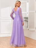 Women's Elegant V-Neck See-Through Long Sleeves Sheer Glitter Evening Gown A-Line Wedding Party Dress