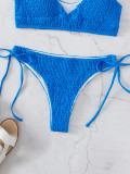 Solid Color Texture Pleated Lace Up Sexy Two Pieces Bikini Swimsuit