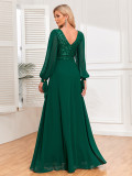 Long Sleeve V Neck Sequin Patchwork Chiffon Elegant Party Evening Dress