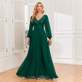 Long Sleeve V Neck Sequin Patchwork Chiffon Elegant Party Evening Dress