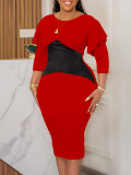 Plus Size African Ladies Color Block Long Sleeve Dress