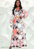 Plus Size African Women V-Neck Printed Long Sleeve Dress