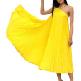 Women Elegant Solid Pleated Sleeveless Slash Shoulder Dress