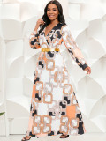 Plus Size African Women V-Neck Printed Long Sleeve Dress