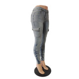Women Pleated Side Pockets Low Rise Stretch Denim Pant