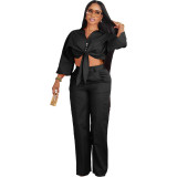 Women Chic Solid Shirt and Pant Casual Two-Piece Set