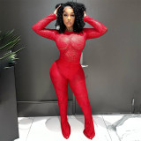 Women autumn and winter lace hollow See-Through Bodysuit and Pant two-piece set