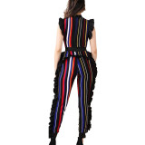 Women Sexy Sleeveless Ruffle Edge Stripe Jumpsuit