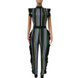 Women Sexy Sleeveless Ruffle Edge Stripe Jumpsuit