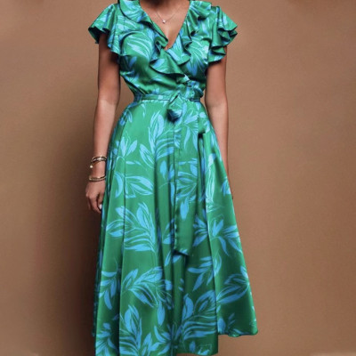 Women printed v-neck puff sleeves leaf slit dress