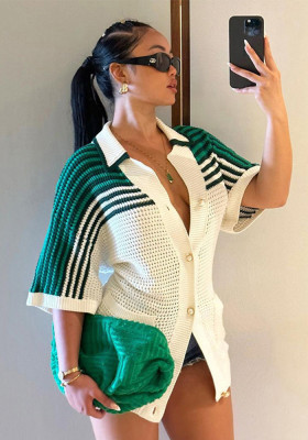 Women Knitting Turndown Collar Breasted Loose Stripe Contrasting Color Short Sleeve Top