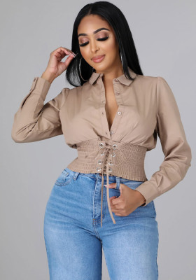 Women French Long Sleeve Casual Solid Turndown Collar Shirt