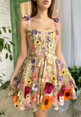 Women floral embroidered mesh sexy dress