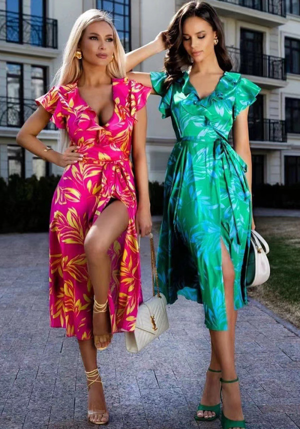 Women printed v-neck puff sleeves leaf slit dress