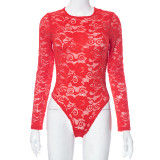 Women autumn and winter lace hollow See-Through Bodysuit and Pant two-piece set