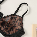 Sexy Lacemesh Leopard Print Patchwork Hollow Breathable Sexy Underwear Three-Piece Lingerie Set