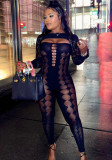 Summer Women's Sexy Long Sleeve Knitting High Waist Tight Fitting Solid See-Through Jumpsuit
