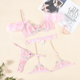 Feather Chain Multi-Color Flower Embroidered Bow Sexy Lingerie Set