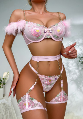 Feather Chain Multi-Color Flower Embroidered Bow Sexy Lingerie Set