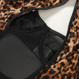 Lacemesh Leopard Print Patchwork Low Back High Waist Open Crotch Sexy Bodysuit Lingerie