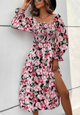 Autumn French Women's Low Back Long Sleeve Square Neck Foral Printed Slit Dress