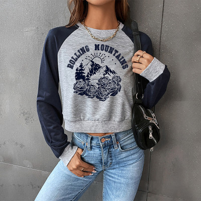 Spring And Autumn Print Contrast Color Round Neck T-Shirt